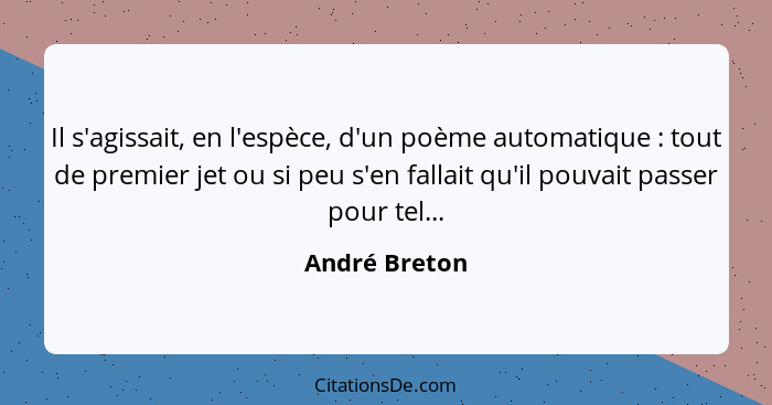 Il s'agissait, en l'espèce, d'un poème automatique : tout de premier jet ou si peu s'en fallait qu'il pouvait passer pour tel...... - André Breton