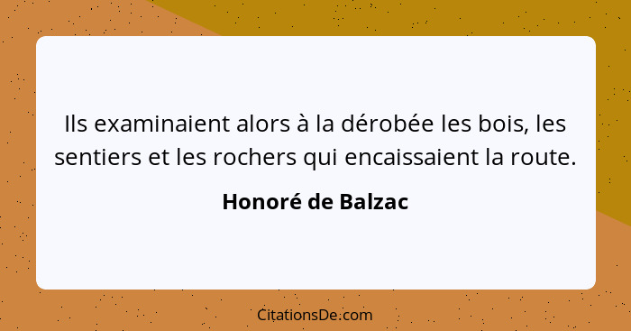 Ils examinaient alors à la dérobée les bois, les sentiers et les rochers qui encaissaient la route.... - Honoré de Balzac