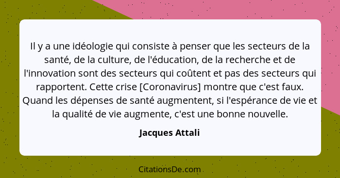 Il y a une idéologie qui consiste à penser que les secteurs de la santé, de la culture, de l'éducation, de la recherche et de l'innov... - Jacques Attali