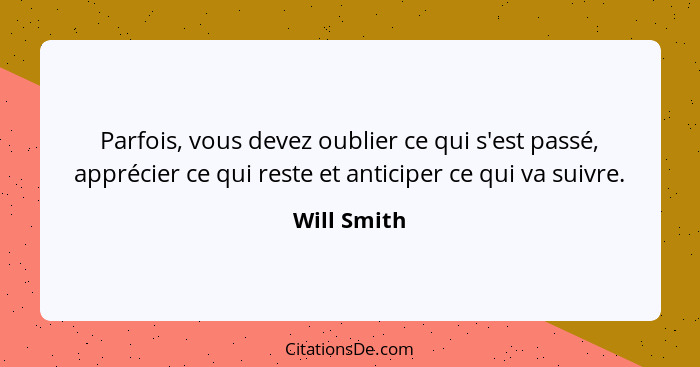 Parfois, vous devez oublier ce qui s'est passé, apprécier ce qui reste et anticiper ce qui va suivre.... - Will Smith