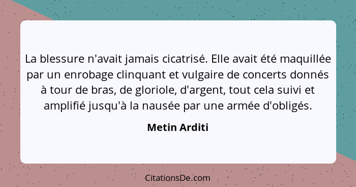 La blessure n'avait jamais cicatrisé. Elle avait été maquillée par un enrobage clinquant et vulgaire de concerts donnés à tour de bras,... - Metin Arditi