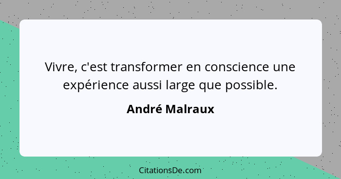 Vivre, c'est transformer en conscience une expérience aussi large que possible.... - André Malraux