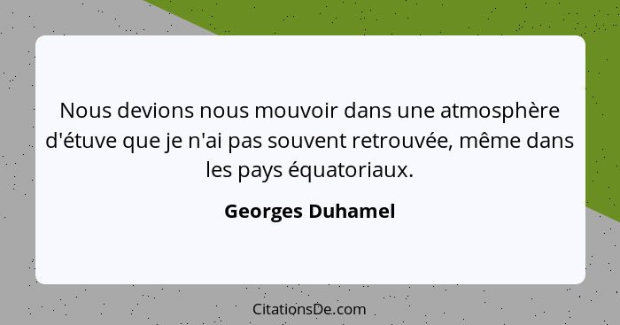 Nous devions nous mouvoir dans une atmosphère d'étuve que je n'ai pas souvent retrouvée, même dans les pays équatoriaux.... - Georges Duhamel