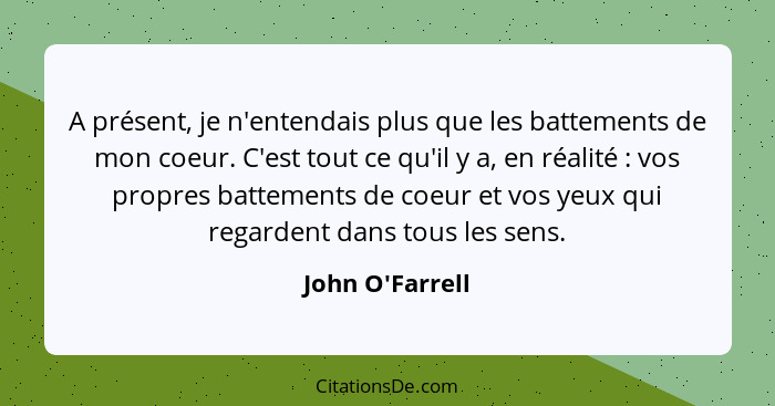 A présent, je n'entendais plus que les battements de mon coeur. C'est tout ce qu'il y a, en réalité : vos propres battements... - John O'Farrell