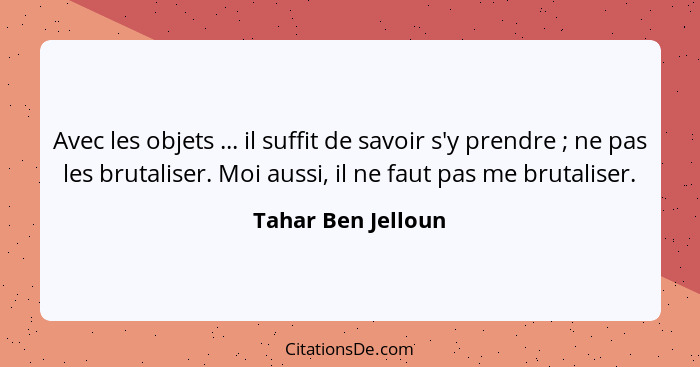 Avec les objets ... il suffit de savoir s'y prendre ; ne pas les brutaliser. Moi aussi, il ne faut pas me brutaliser.... - Tahar Ben Jelloun