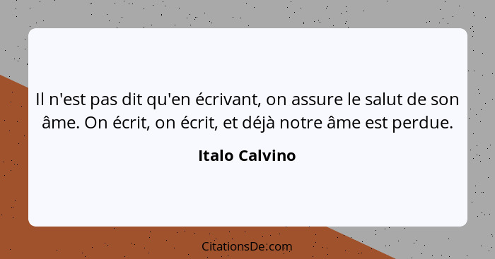 Il n'est pas dit qu'en écrivant, on assure le salut de son âme. On écrit, on écrit, et déjà notre âme est perdue.... - Italo Calvino