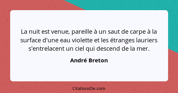 La nuit est venue, pareille à un saut de carpe à la surface d'une eau violette et les étranges lauriers s'entrelacent un ciel qui desce... - André Breton