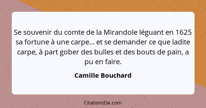 Se souvenir du comte de la Mirandole léguant en 1625 sa fortune à une carpe... et se demander ce que ladite carpe, à part gober des... - Camille Bouchard