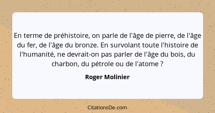 En terme de préhistoire, on parle de l'âge de pierre, de l'âge du fer, de l'âge du bronze. En survolant toute l'histoire de l'humanit... - Roger Molinier