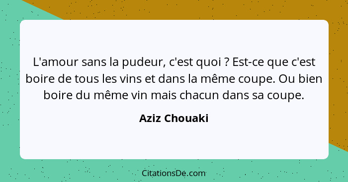 L'amour sans la pudeur, c'est quoi ? Est-ce que c'est boire de tous les vins et dans la même coupe. Ou bien boire du même vin mais... - Aziz Chouaki