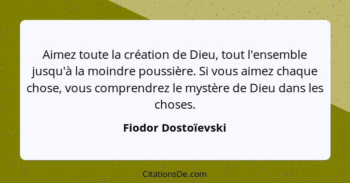 Aimez toute la création de Dieu, tout l'ensemble jusqu'à la moindre poussière. Si vous aimez chaque chose, vous comprendrez le my... - Fiodor Dostoïevski