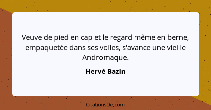 Veuve de pied en cap et le regard même en berne, empaquetée dans ses voiles, s'avance une vieille Andromaque.... - Hervé Bazin