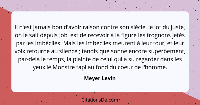 Il n'est jamais bon d'avoir raison contre son siècle, le lot du juste, on le sait depuis Job, est de recevoir à la figure les trognons j... - Meyer Levin