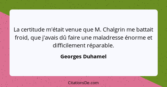 La certitude m'était venue que M. Chalgrin me battait froid, que j'avais dû faire une maladresse énorme et difficilement réparable.... - Georges Duhamel