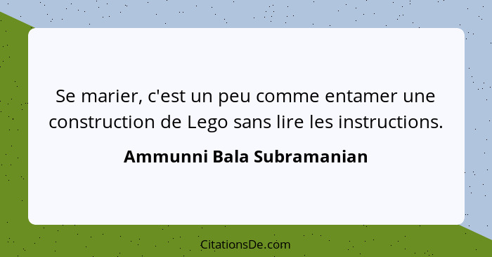 Se marier, c'est un peu comme entamer une construction de Lego sans lire les instructions.... - Ammunni Bala Subramanian