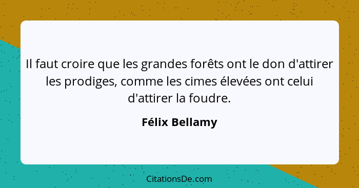 Il faut croire que les grandes forêts ont le don d'attirer les prodiges, comme les cimes élevées ont celui d'attirer la foudre.... - Félix Bellamy