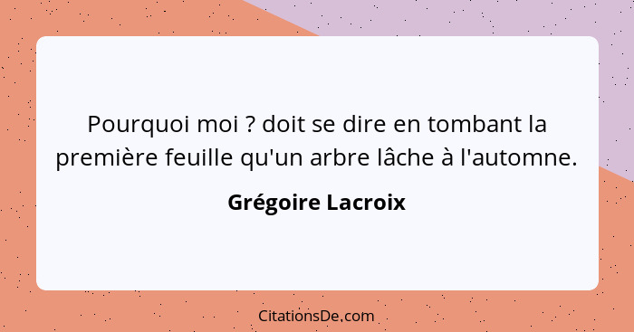 Pourquoi moi ? doit se dire en tombant la première feuille qu'un arbre lâche à l'automne.... - Grégoire Lacroix