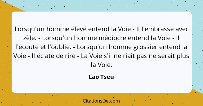 Lorsqu'un homme élevé entend la Voie - Il l'embrasse avec zèle. - Lorsqu'un homme médiocre entend la Voie - Il l'écoute et l'oublie. - Lors... - Lao Tseu