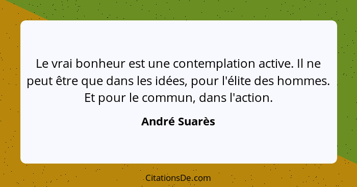 Le vrai bonheur est une contemplation active. Il ne peut être que dans les idées, pour l'élite des hommes. Et pour le commun, dans l'ac... - André Suarès