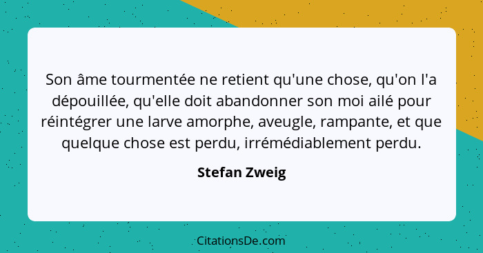 Son âme tourmentée ne retient qu'une chose, qu'on l'a dépouillée, qu'elle doit abandonner son moi ailé pour réintégrer une larve amorph... - Stefan Zweig