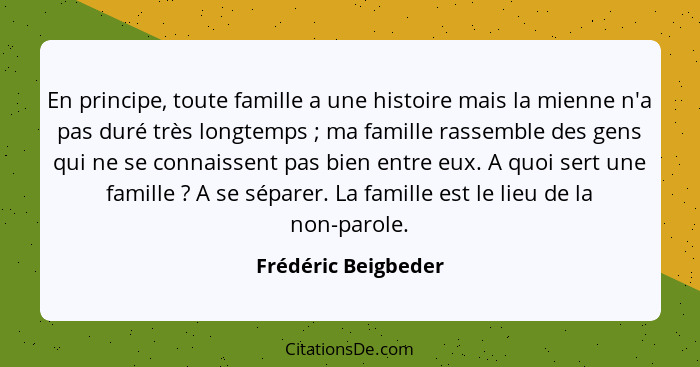 En principe, toute famille a une histoire mais la mienne n'a pas duré très longtemps ; ma famille rassemble des gens qui ne... - Frédéric Beigbeder