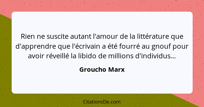 Rien ne suscite autant l'amour de la littérature que d'apprendre que l'écrivain a été fourré au gnouf pour avoir réveillé la libido de... - Groucho Marx