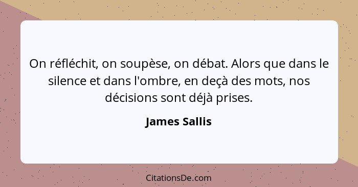 On réfléchit, on soupèse, on débat. Alors que dans le silence et dans l'ombre, en deçà des mots, nos décisions sont déjà prises.... - James Sallis