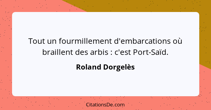 Tout un fourmillement d'embarcations où braillent des arbis : c'est Port-Saïd.... - Roland Dorgelès