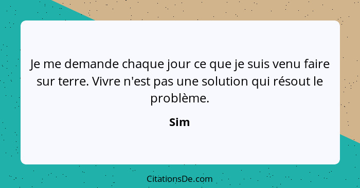 Je me demande chaque jour ce que je suis venu faire sur terre. Vivre n'est pas une solution qui résout le problème.... - Sim