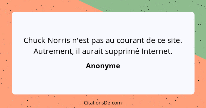 Chuck Norris n'est pas au courant de ce site. Autrement, il aurait supprimé Internet.... - Anonyme