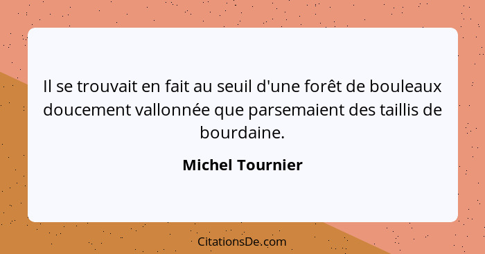 Il se trouvait en fait au seuil d'une forêt de bouleaux doucement vallonnée que parsemaient des taillis de bourdaine.... - Michel Tournier