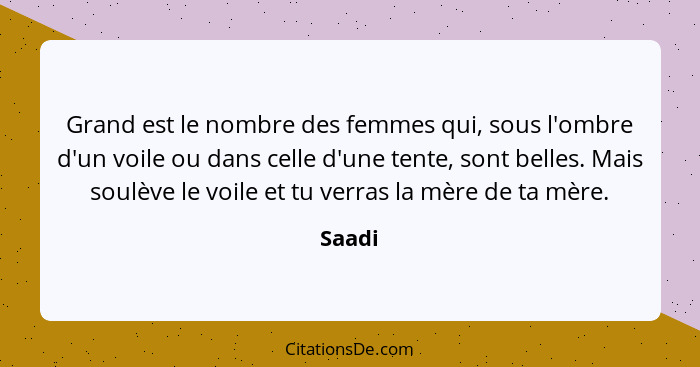 Grand est le nombre des femmes qui, sous l'ombre d'un voile ou dans celle d'une tente, sont belles. Mais soulève le voile et tu verras la mère... - Saadi