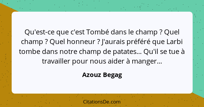 Qu'est-ce que c'est Tombé dans le champ ? Quel champ ? Quel honneur ? J'aurais préféré que Larbi tombe dans notre champ d... - Azouz Begag