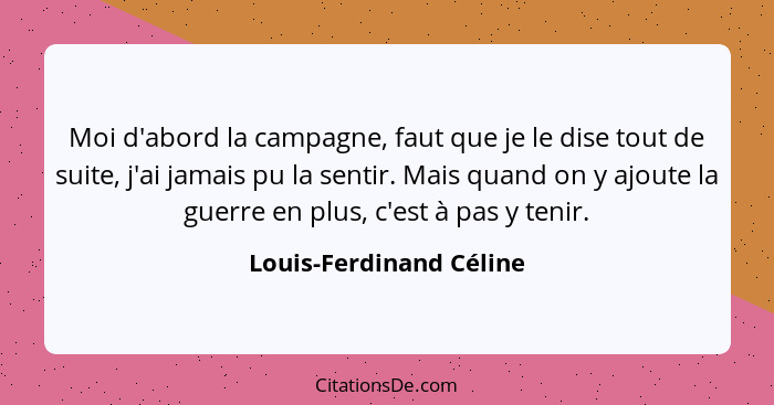 Moi d'abord la campagne, faut que je le dise tout de suite, j'ai jamais pu la sentir. Mais quand on y ajoute la guerre en plu... - Louis-Ferdinand Céline