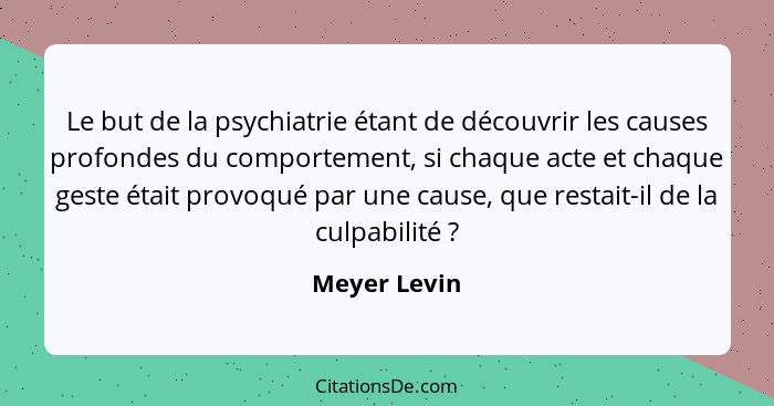 Le but de la psychiatrie étant de découvrir les causes profondes du comportement, si chaque acte et chaque geste était provoqué par une... - Meyer Levin