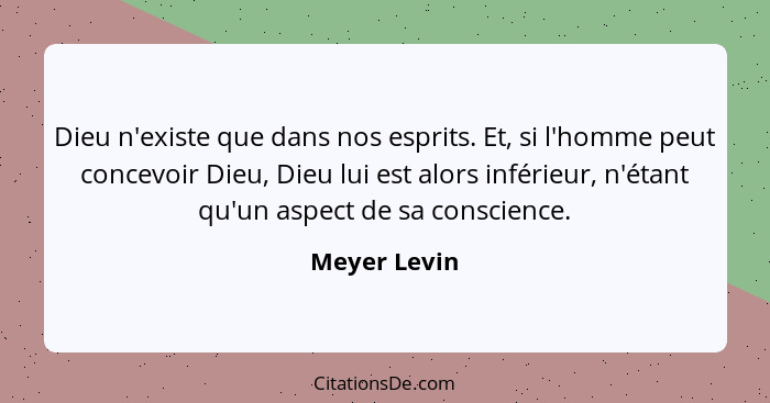 Dieu n'existe que dans nos esprits. Et, si l'homme peut concevoir Dieu, Dieu lui est alors inférieur, n'étant qu'un aspect de sa conscie... - Meyer Levin