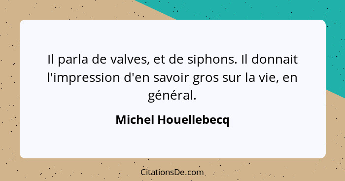 Il parla de valves, et de siphons. Il donnait l'impression d'en savoir gros sur la vie, en général.... - Michel Houellebecq