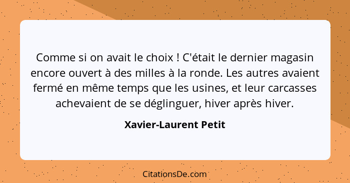 Comme si on avait le choix ! C'était le dernier magasin encore ouvert à des milles à la ronde. Les autres avaient fermé en... - Xavier-Laurent Petit