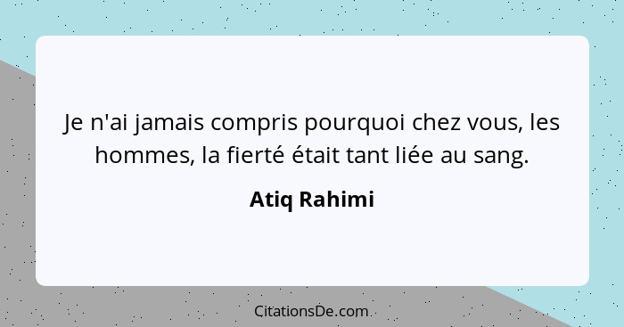 Je n'ai jamais compris pourquoi chez vous, les hommes, la fierté était tant liée au sang.... - Atiq Rahimi