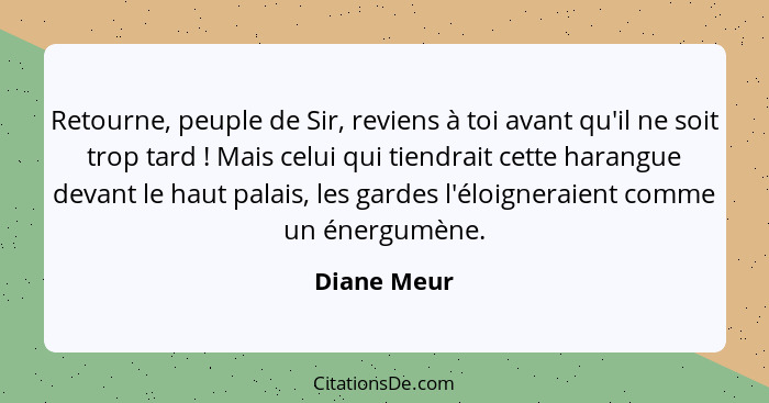 Retourne, peuple de Sir, reviens à toi avant qu'il ne soit trop tard ! Mais celui qui tiendrait cette harangue devant le haut palais... - Diane Meur