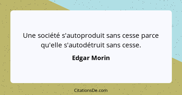 Une société s'autoproduit sans cesse parce qu'elle s'autodétruit sans cesse.... - Edgar Morin