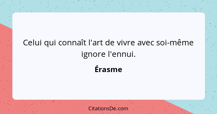 Celui qui connaît l'art de vivre avec soi-même ignore l'ennui.... - Érasme