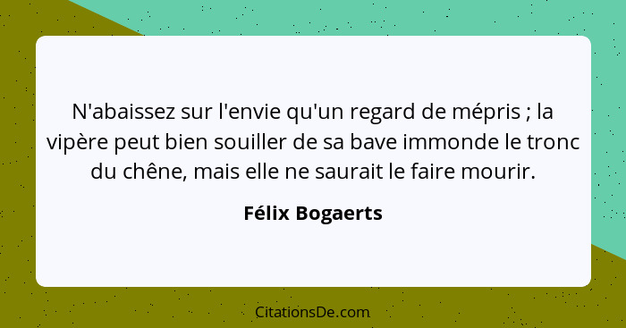 N'abaissez sur l'envie qu'un regard de mépris ; la vipère peut bien souiller de sa bave immonde le tronc du chêne, mais elle ne... - Félix Bogaerts