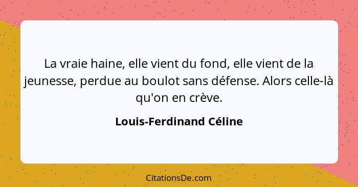 La vraie haine, elle vient du fond, elle vient de la jeunesse, perdue au boulot sans défense. Alors celle-là qu'on en crève.... - Louis-Ferdinand Céline