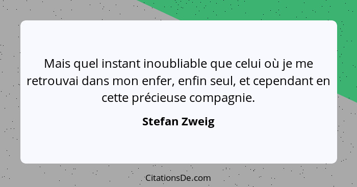 Mais quel instant inoubliable que celui où je me retrouvai dans mon enfer, enfin seul, et cependant en cette précieuse compagnie.... - Stefan Zweig