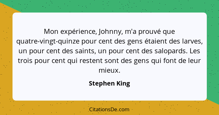 Mon expérience, Johnny, m'a prouvé que quatre-vingt-quinze pour cent des gens étaient des larves, un pour cent des saints, un pour cent... - Stephen King