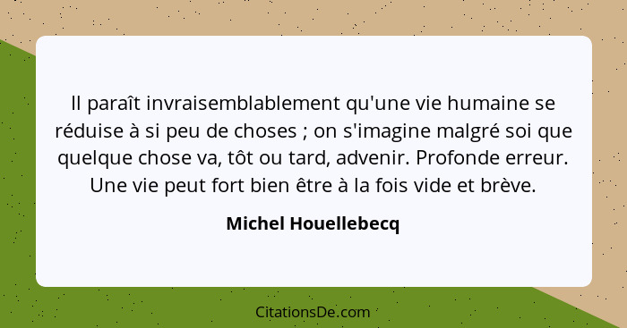 Il paraît invraisemblablement qu'une vie humaine se réduise à si peu de choses ; on s'imagine malgré soi que quelque chose v... - Michel Houellebecq