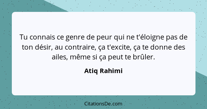 Tu connais ce genre de peur qui ne t'éloigne pas de ton désir, au contraire, ça t'excite, ça te donne des ailes, même si ça peut te brûl... - Atiq Rahimi