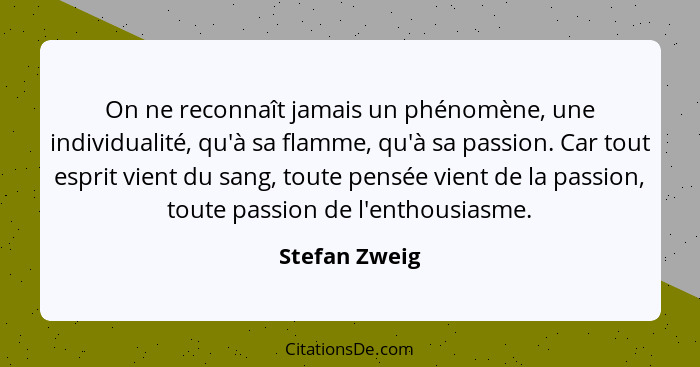 On ne reconnaît jamais un phénomène, une individualité, qu'à sa flamme, qu'à sa passion. Car tout esprit vient du sang, toute pensée vi... - Stefan Zweig