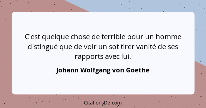 C'est quelque chose de terrible pour un homme distingué que de voir un sot tirer vanité de ses rapports avec lui.... - Johann Wolfgang von Goethe